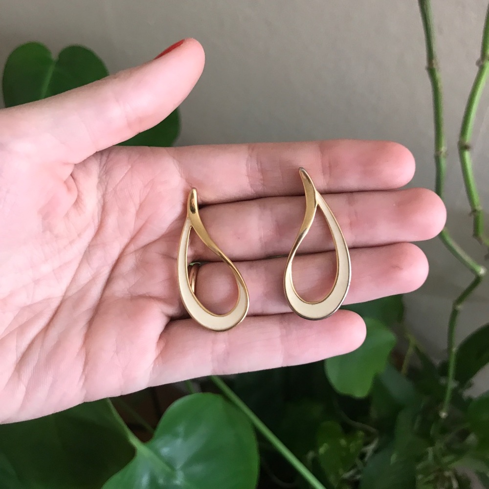 SOLD Gold tone and white enamel vintage earrings